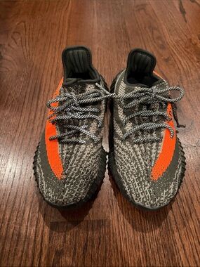 Yeezy Kids Sneakers - Olive Green with Bright Orange Stripe